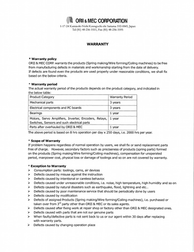 Orii & Mec Warranty Info